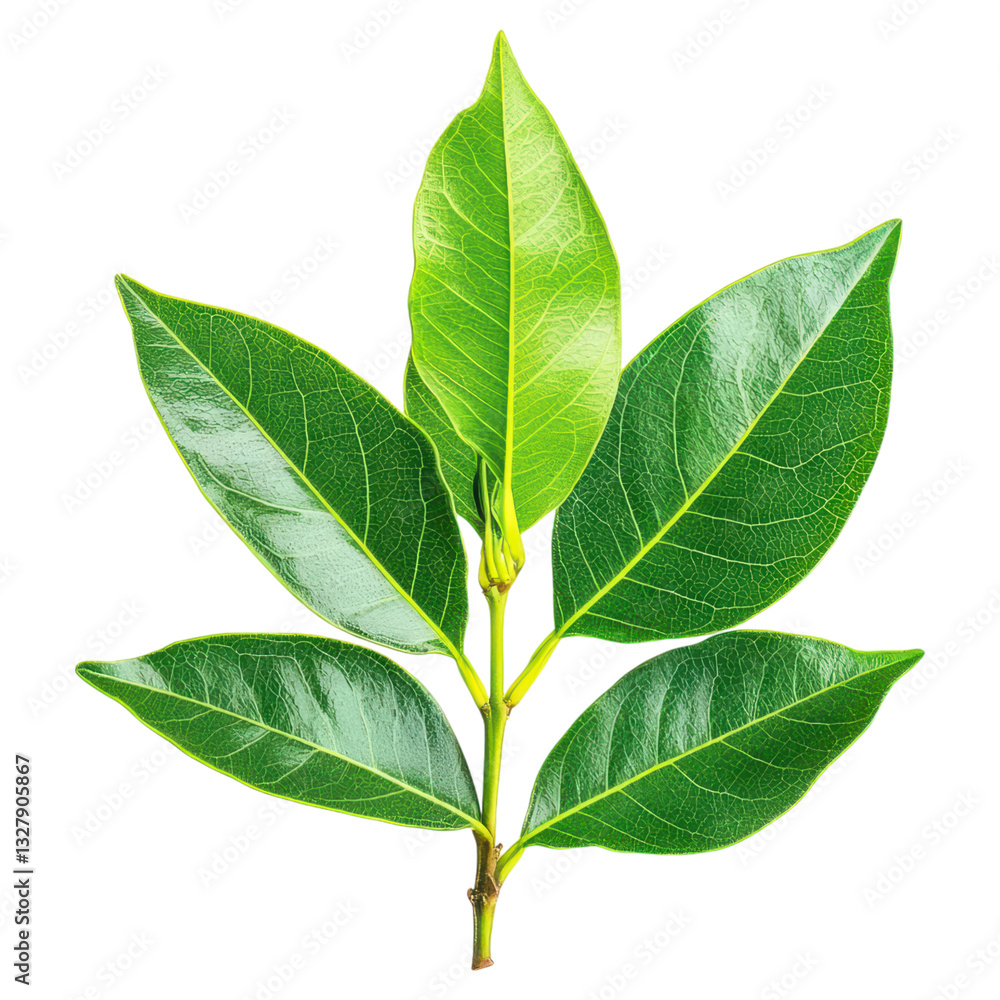 Fototapeta premium Fresh Bay Leaves Close-Up on White Background for Culinary and Herbal Uses, isolated on transparent background.