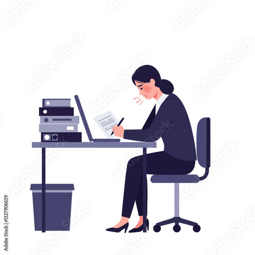 Woman working at desk with laptop in minimal vector illustration style