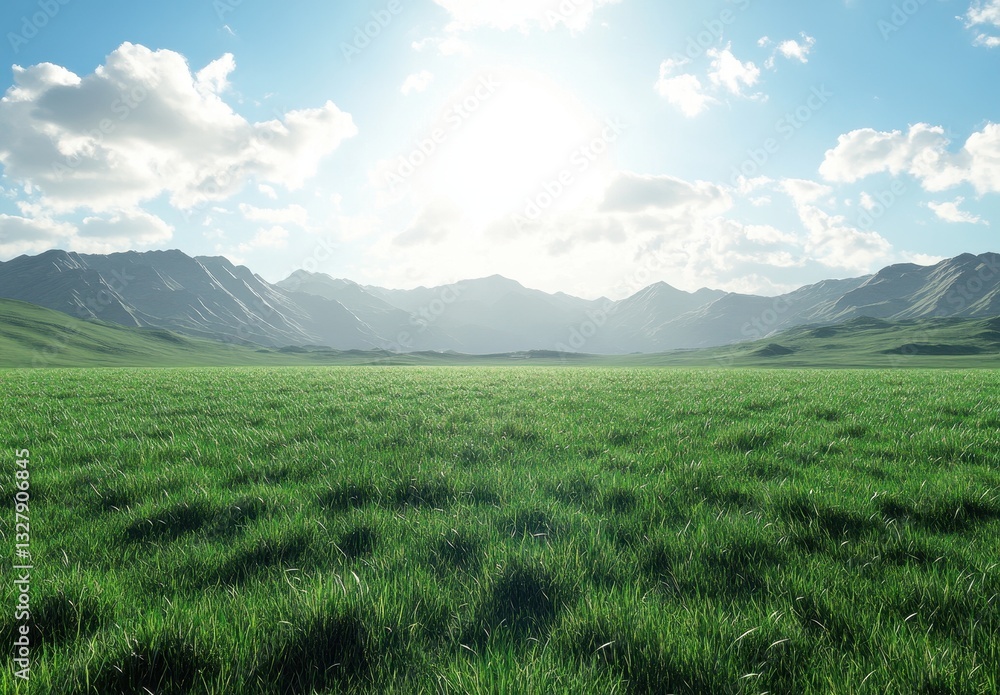 Fototapeta premium Lush Green Field Under a Bright Sky with Mountains in the Background and Soft Clouds Illuminating the Landscape in Vibrant Nature Scene