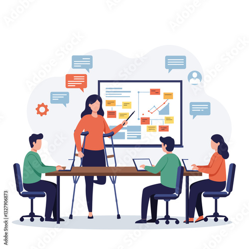 Team collaboration session with presentation and digital devices in flat vector art