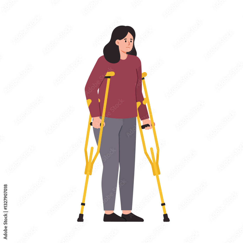 Woman using crutches in minimal flat design vector illustration Woman using crutches in minimal flat design vector illustration
