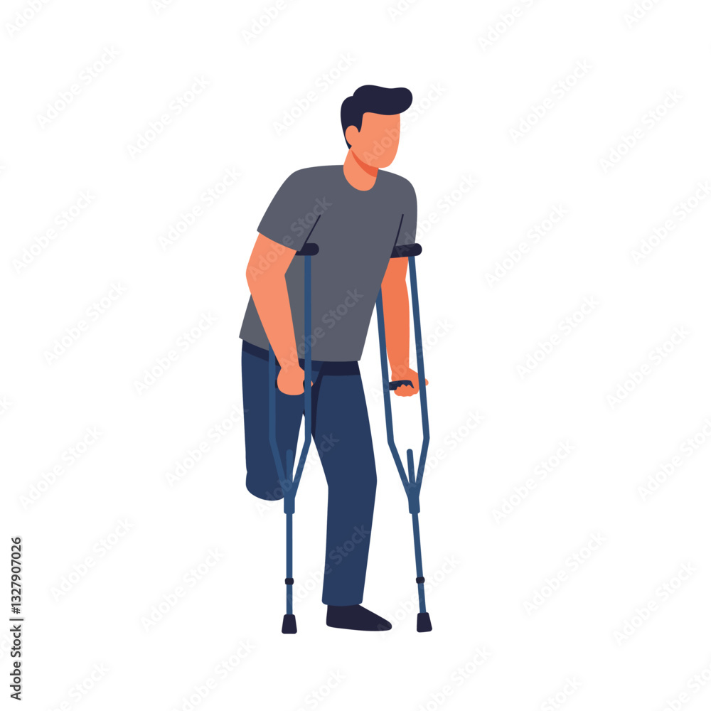 Man using crutches in a flat design style vector illustration Man using crutches in a flat design style vector illustration