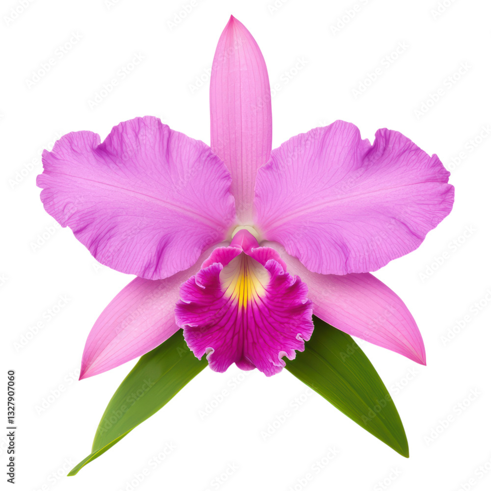 Obraz premium Exquisite Cattleya Orchid Blossom with Vibrant Pink Petals and Lush Green Leaves, isolated on transparent background.
