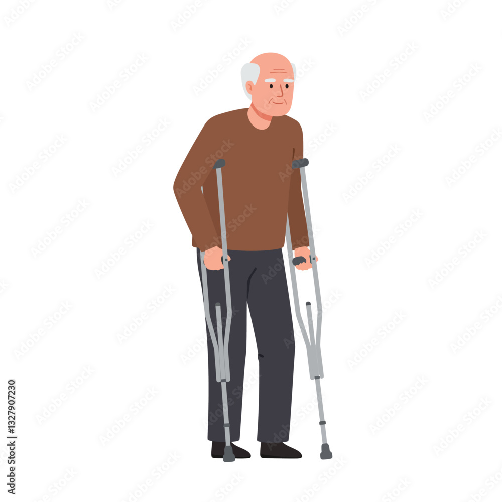 Elderly man using crutches in minimal flat design vector art Elderly man using crutches in minimal flat design vector art