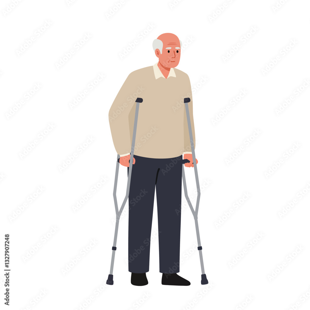 Elderly man using crutches in flat minimal vector illustration style Elderly man using crutches in flat minimal vector illustration style