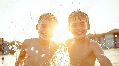 Twin Boys Splashing in Sunny Pool - Summer Fun