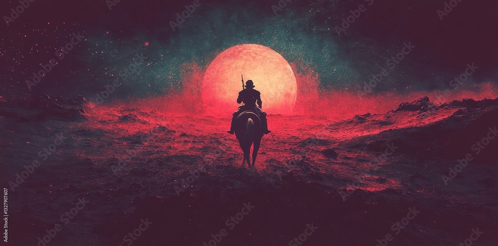 Fototapeta premium A lone rider on horseback beneath a radiant crimson sun