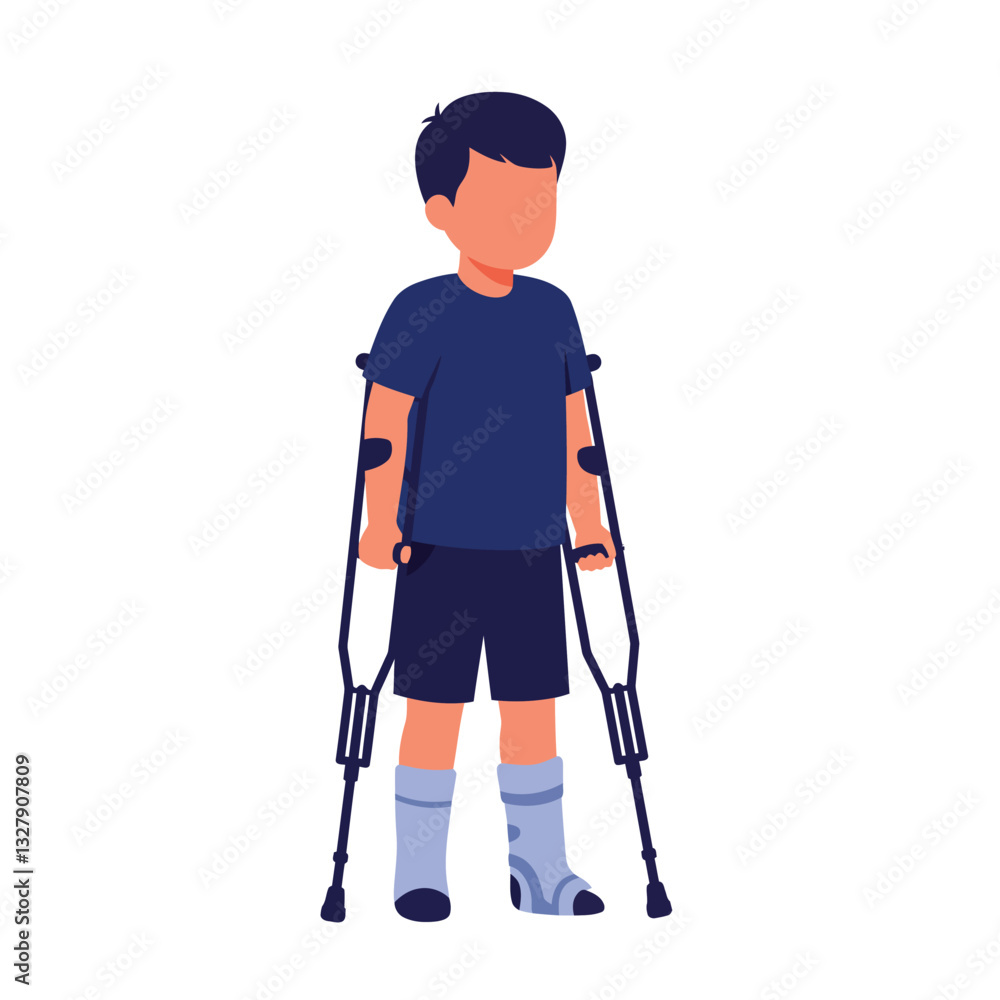 Boy using crutches with a supportive stance in flat vector art Boy using crutches with a supportive stance in flat vector art