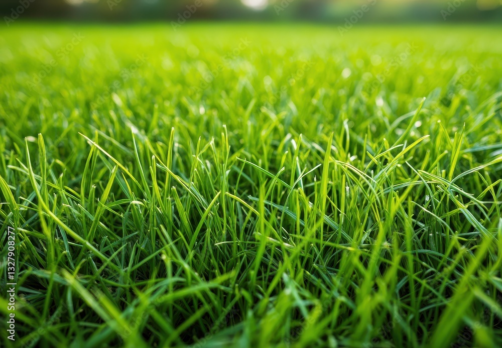 Fototapeta premium Lush Green Grass Blades Catching Sunlight in a Vibrant Open Field Environment for Outdoor Nature and Gardening Projects