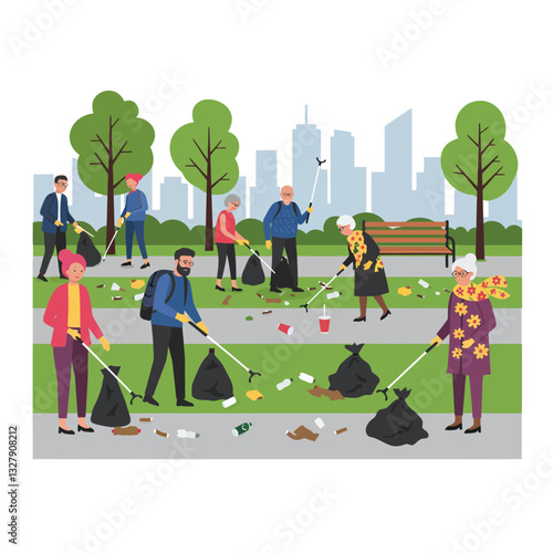 Community volunteers cleaning the park in a minimal flat design vector art