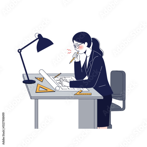 Professional woman thinking while designing at desk in flat vector art
