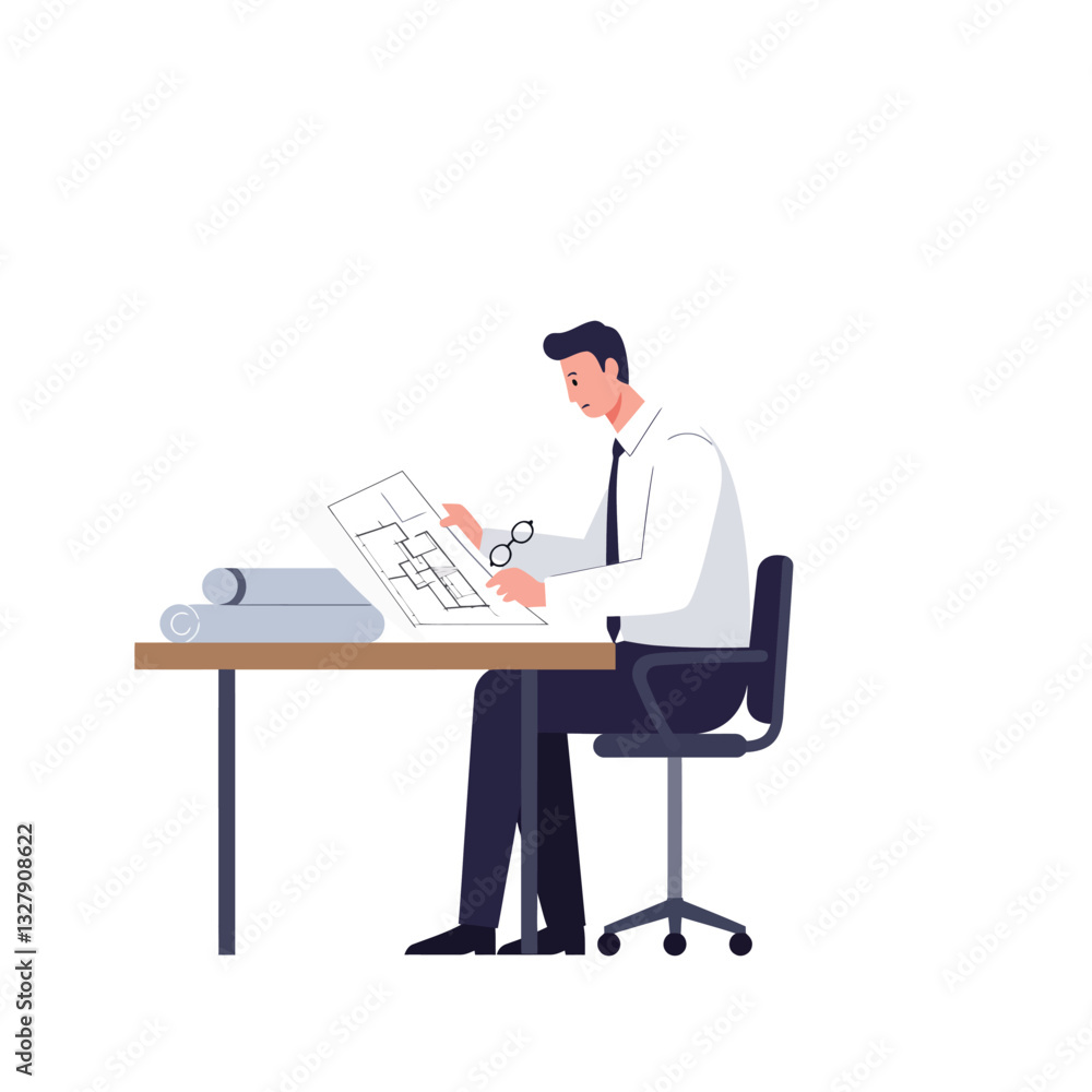 Architect reviewing blueprints at desk in minimal flat vector illustration Architect reviewing blueprints at desk in minimal flat vector illustration