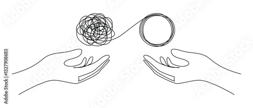 Continuous one line drawing of mental health concept. Chaotically tangled line and untied knot in form of circle. Unravels bad mental health. Doodle Vector illustration