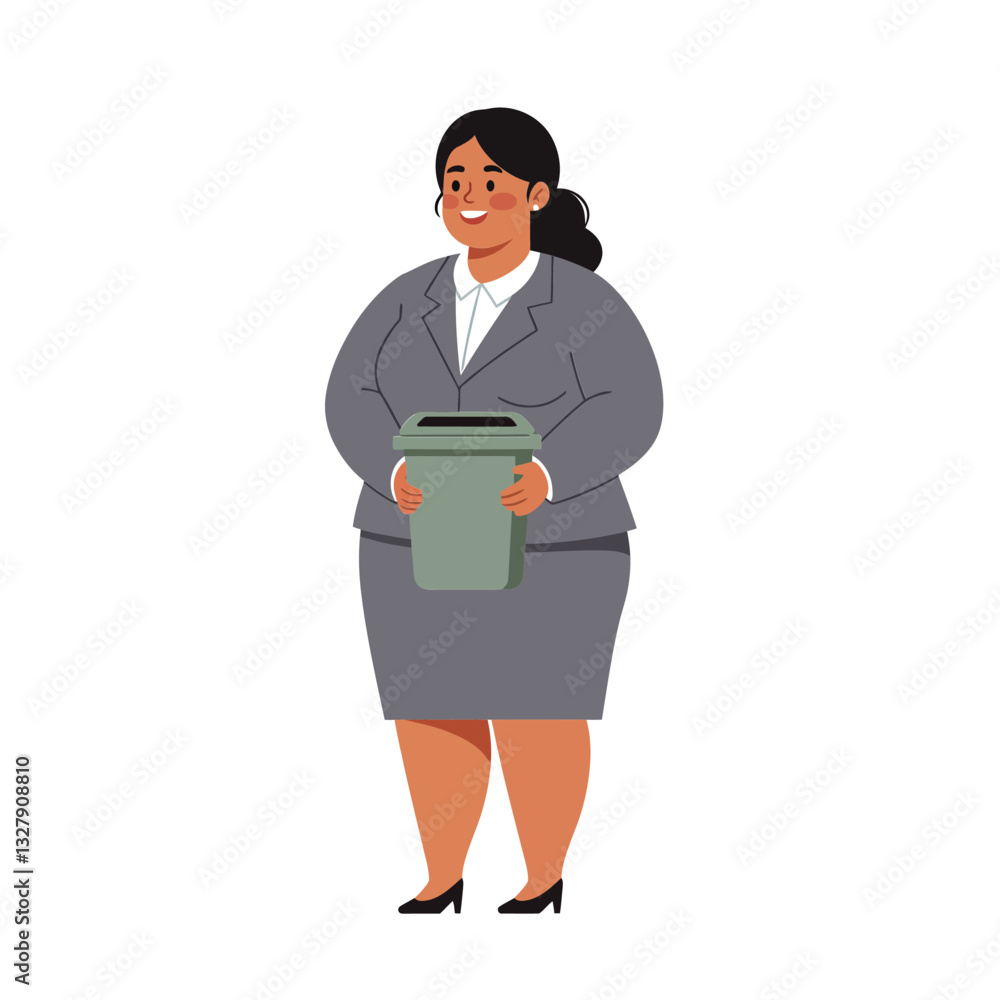Businesswoman holding a green trash can in minimal vector illustration style Businesswoman holding a green trash can in minimal vector illustration style