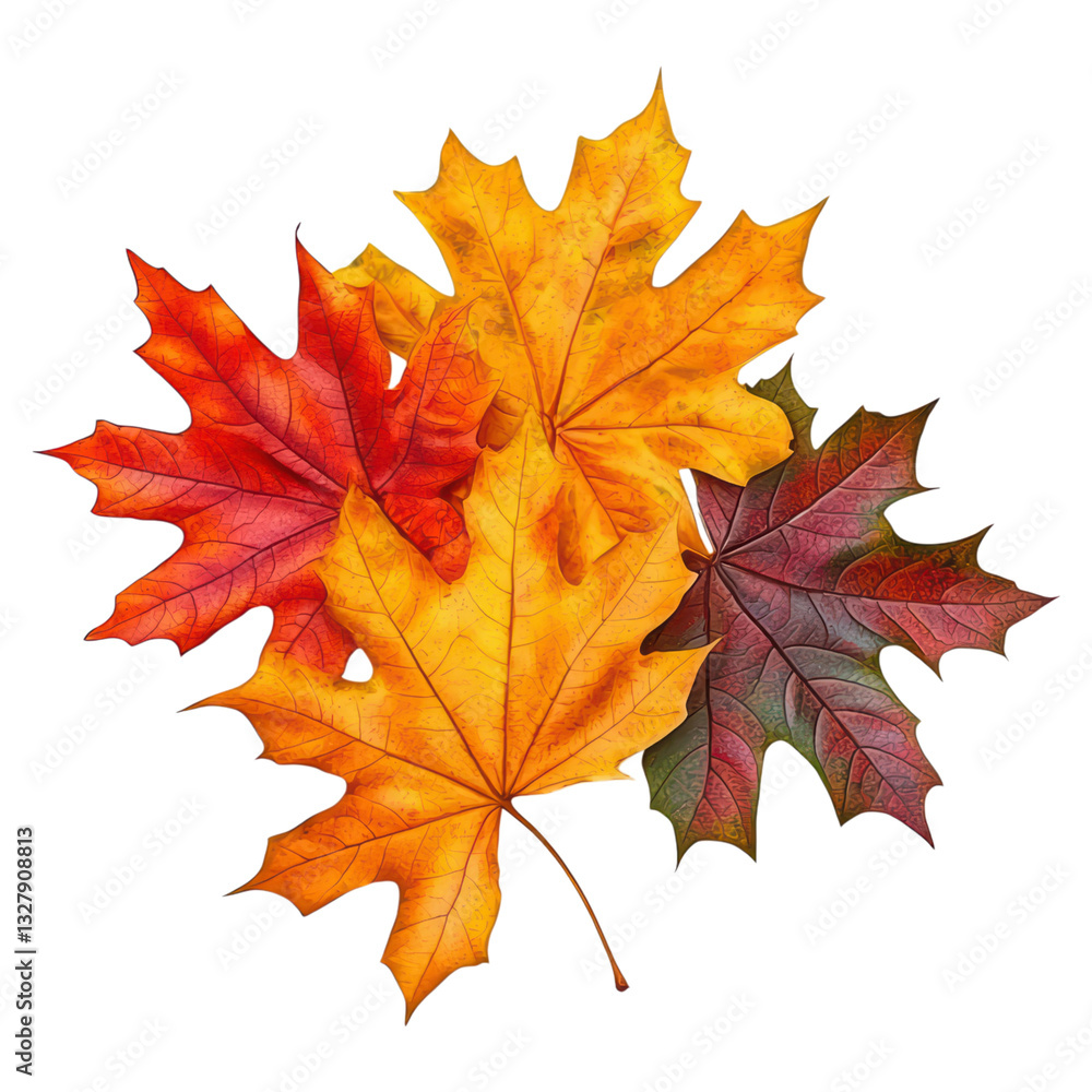 Fototapeta premium Vibrant Seasonal Leaves in Vivid Colors for Autumn Botanical Decor and Design Projects, isolated on transparent background.