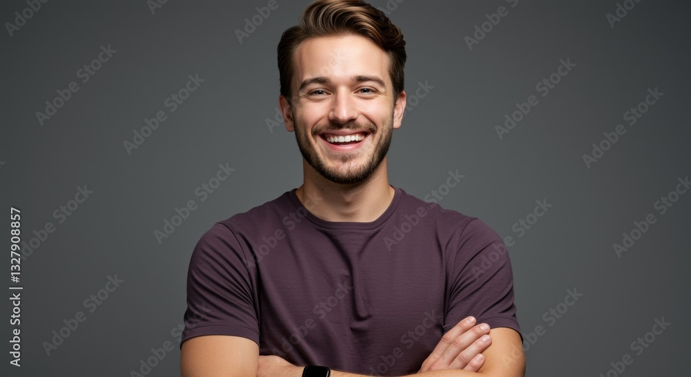 A young man smiling with arms crossed, wearing a casual purple t-shirt against a neutral background, radiating confidence and positivity. Ideal for lifestyle branding. A young man smiling with arms crossed, wearing a casual purple t-shirt against a neutral background, radiating confidence and positivity. Ideal for lifestyle branding.