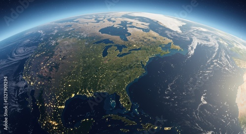 A breathtaking view of North America from space at night, highlighting illuminated cities, diverse landscapes of forests and mountains, and the surrounding vast ocean.