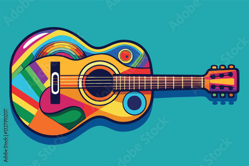 Colorful vector illustration of an acoustic guitar featuring vibrant patterns and shapes on a bright turquoise background