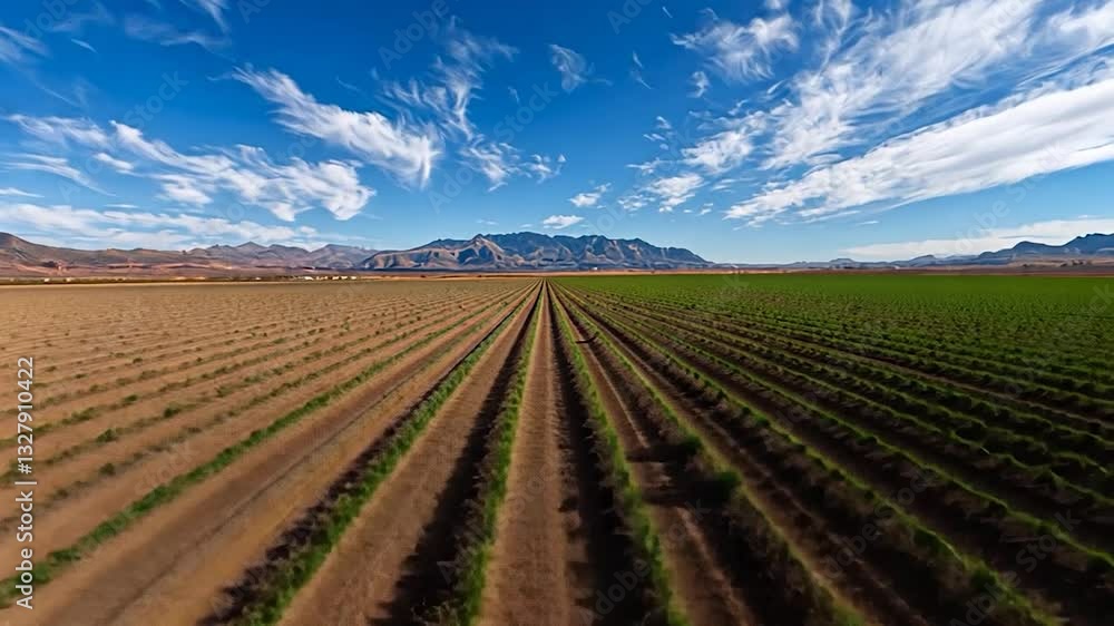 Expansive view of vibrant green fields stretching towards distant mountains under a clear sky Expansive view of vibrant green fields stretching towards distant mountains under a clear sky