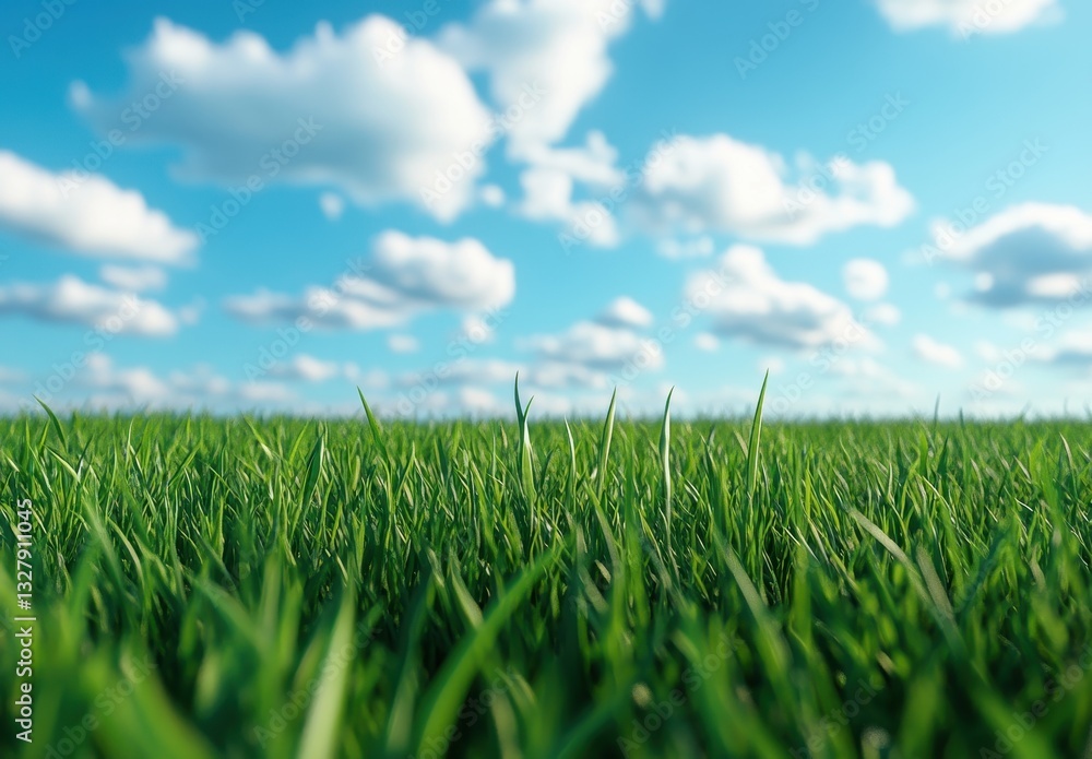 Fototapeta premium Lush Green Grass Under Bright Blue Skies with Fluffy White Clouds in a Vibrant Natural Landscape Scene
