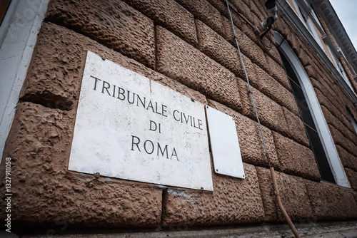 Photography Entrance sign of Tribunale Civile di Roma (Civil Court of Rome in Italian), depicting Italy's civil court, symbolizing Italian justice and legal system with a historic stone facade in central Rome