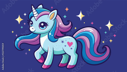 Illustration of a whimsical unicorn with colorful mane and sparkling stars in a vibrant blue background filled with magic and fantasy