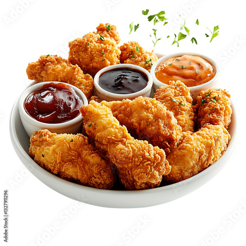 Crispy Chicken Tenders Platter with Dipping Sauces Isolated on Transparent Background