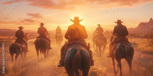 Cowboys riding horses through a dusty field at sunset