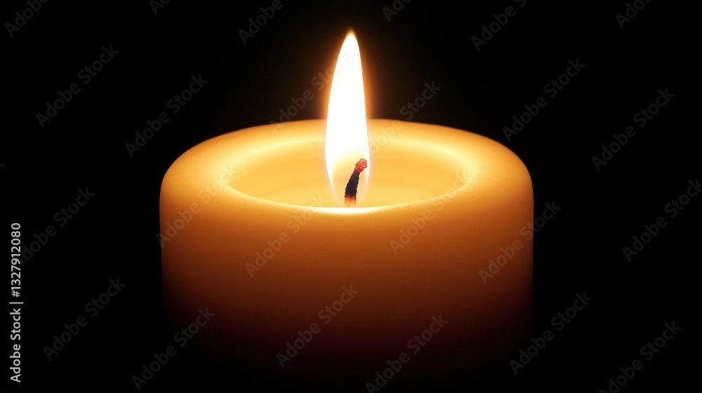 A brightly lit candle burning against a dark black background A brightly lit candle burning against a dark black background