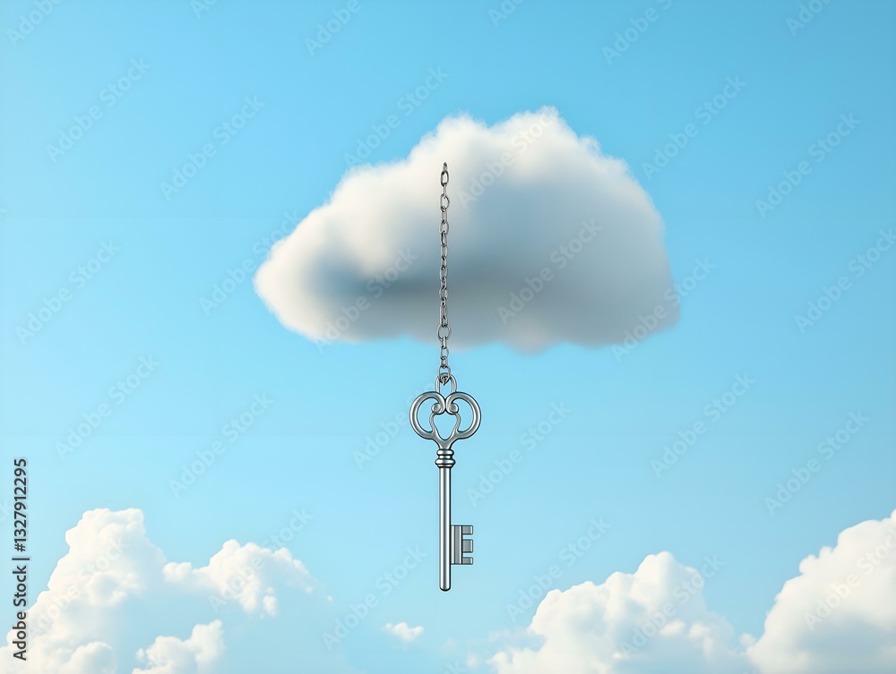 key and cloud: blue sky, aerial view, surreal concept key and cloud: blue sky, aerial view, surreal concept