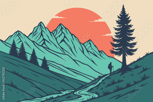 Exploration during sunset in a tranquil mountain landscape with a winding path and tall trees inviting adventure