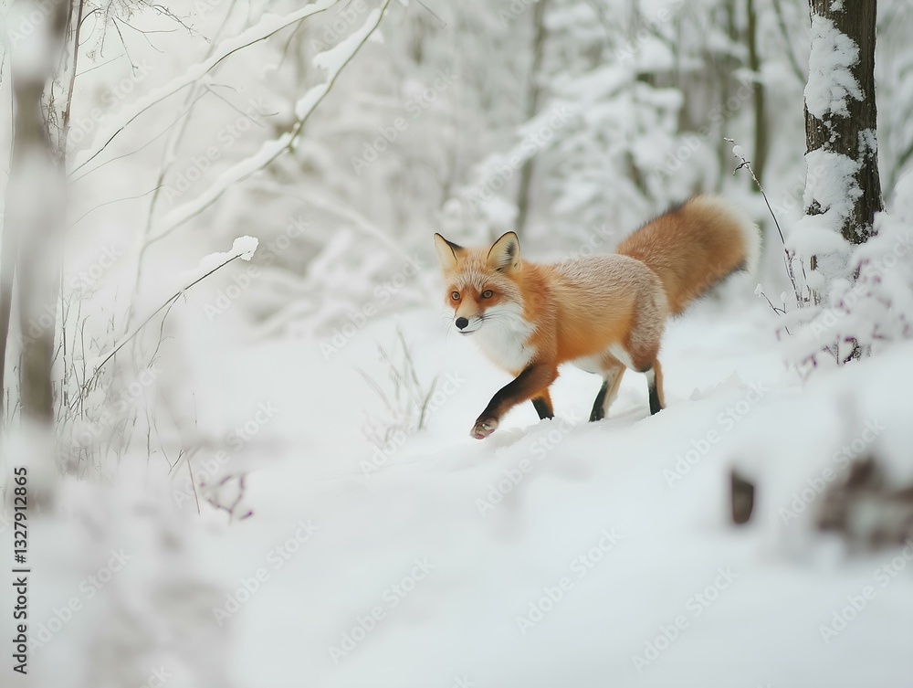 red fox in snowy forest, winter scene, muted colors, peaceful atmosphere red fox in snowy forest, winter scene, muted colors, peaceful atmosphere