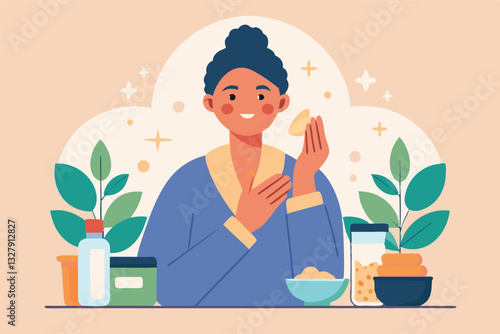 Vector illustration of a woman engaging in skincare routine with beauty products on display, surrounded by plants and bubbles in a serene setting