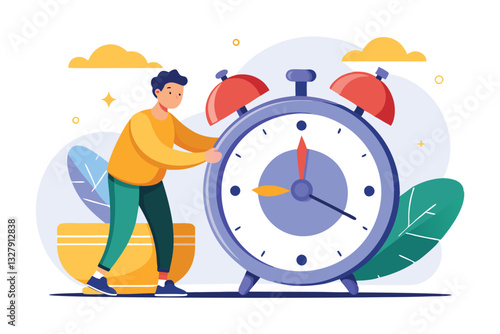 Vector illustration of a person adjusting a large alarm clock in a colorful abstract background during daytime hours