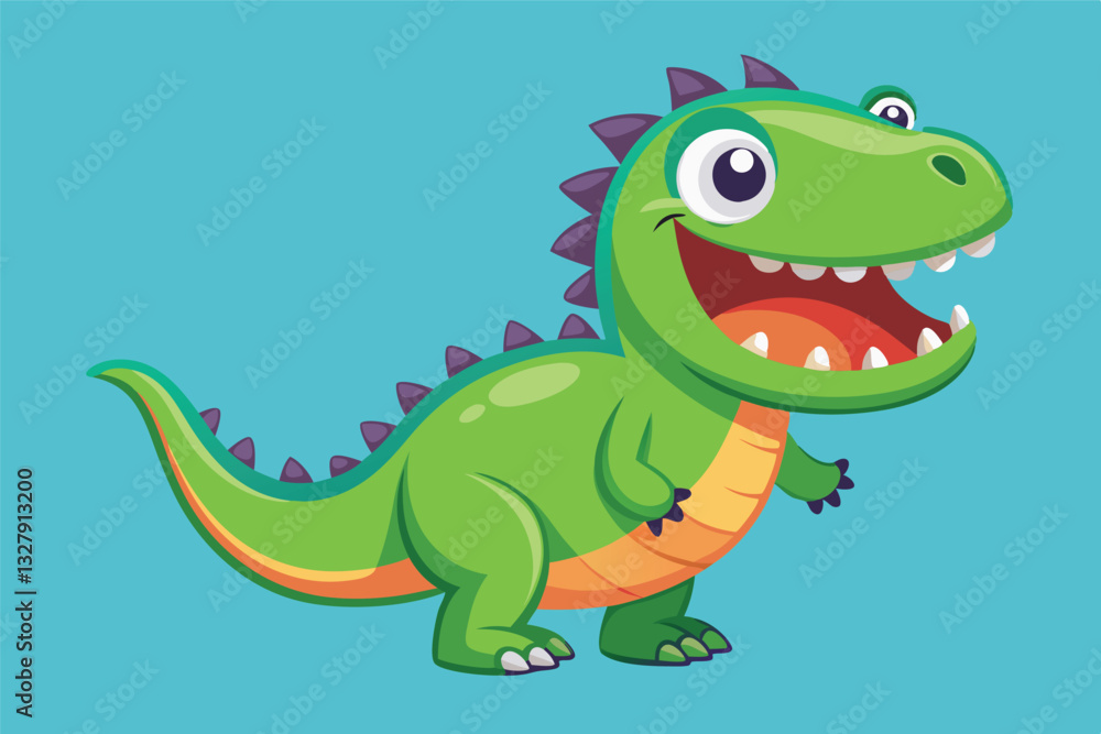 Fototapeta premium Cute cartoon dinosaur character with a big smile on a light blue background in a playful pose showcasing vibrant colors and joyful expression