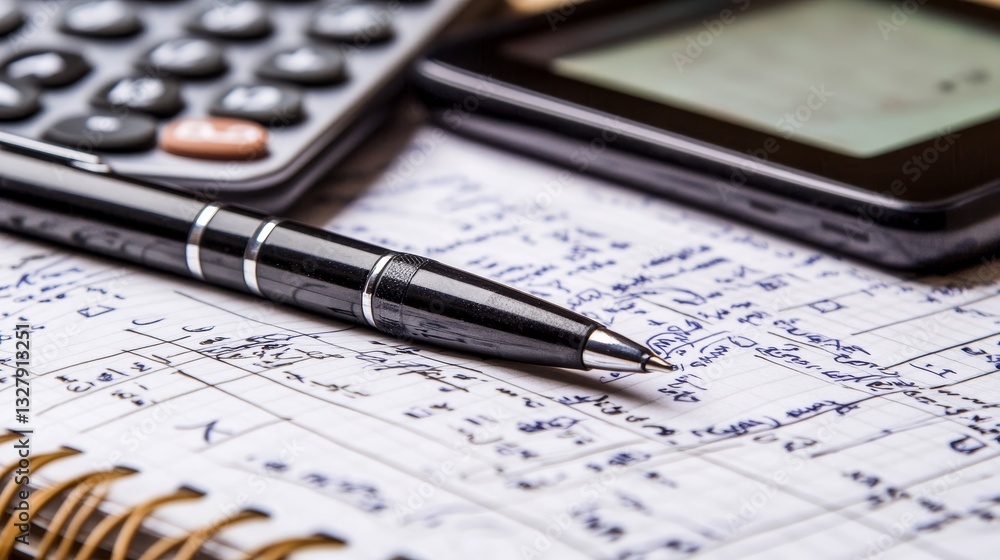 Pen, notebook, calculator, and tablet on desk, blurry background Pen, notebook, calculator, and tablet on desk, blurry background