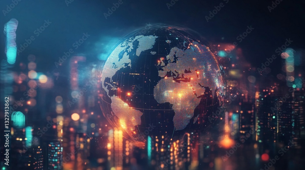 Obraz premium Futuristic Digital Globe Over Glowing Cityscape