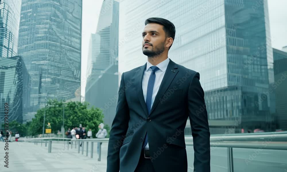 Confident businessman walking in modern cityscape
Confident businessman walking in modern cityscape