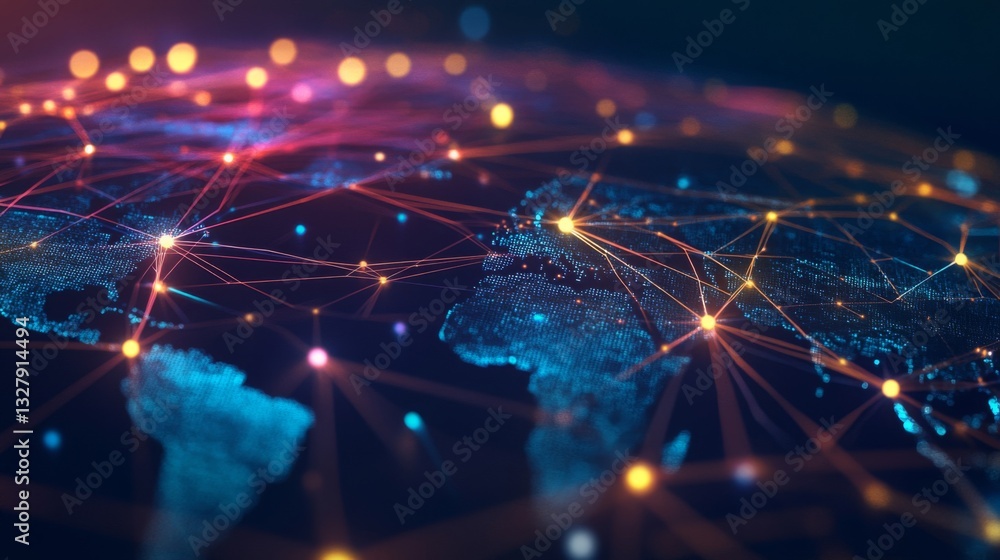 Global Network Connections: Digital World Map with Blue and Red Lines Global Network Connections: Digital World Map with Blue and Red Lines
