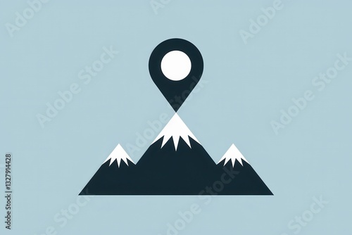 A location pin icon hovering over three dark, snow-capped mountains, set against a light blue background, signifying mountain location tracking.