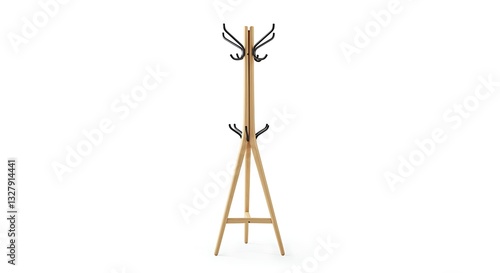 Minimalist freestanding coat rack with wooden frame and black metal hooks