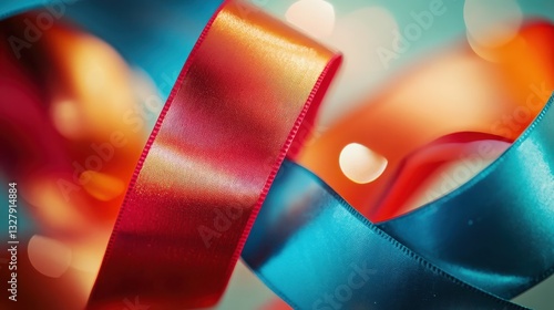 Colorful intertwined ribbons of red orange and blue are depicted here