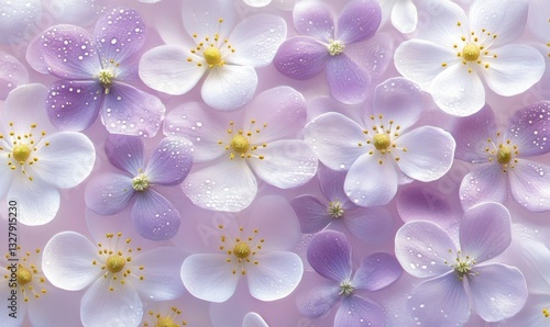 Pastel floral background, dew-kissed petals, spring theme, web banner use