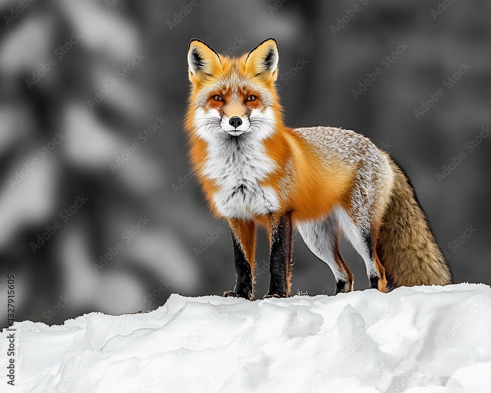 Monochrome winter landscape with a red fox standing in the snow blending nature and contrast Monochrome winter landscape with a red fox standing in the snow blending nature and contrast