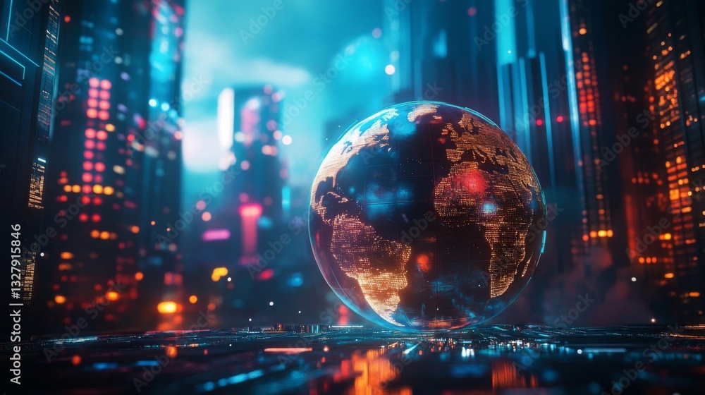 Fototapeta premium Futuristic Cityscape at Night with Glowing Digital Globe