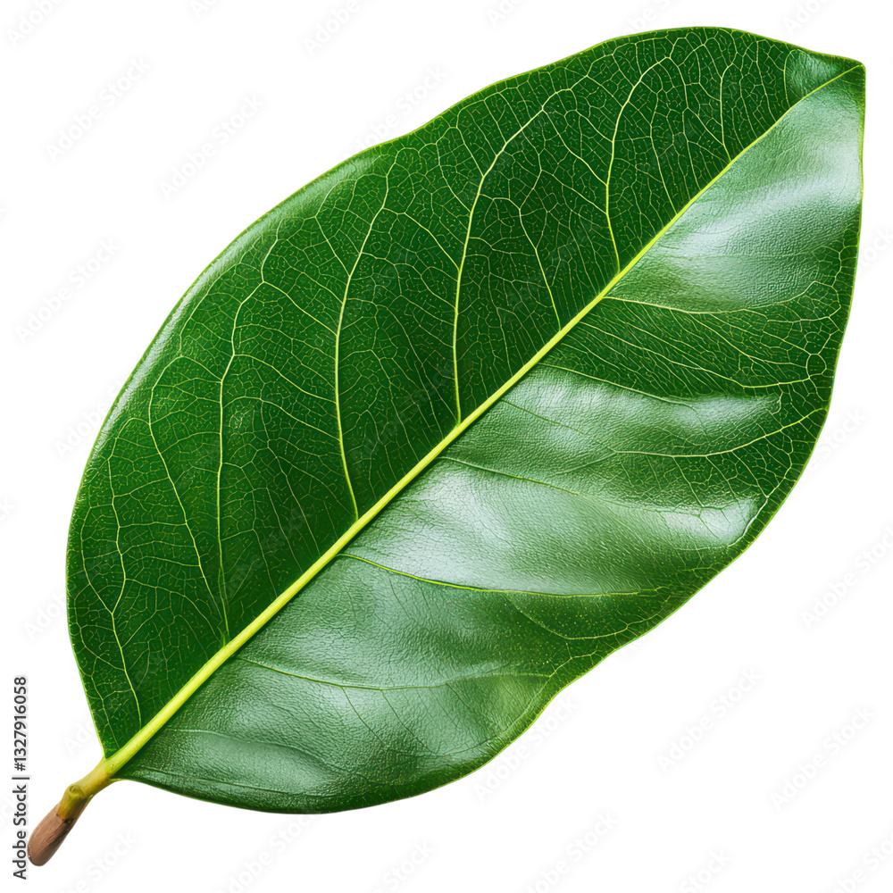 Fototapeta premium Glossy Green Magnolia Leaf on a White Background for Botanical Illustrations and Designs, isolated on transparent background.