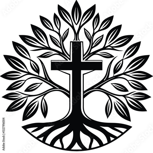 Christian Church Logo with Tree, Roots, and Leaves Forming Bold Cross – Clean Lines and Muted Colors
