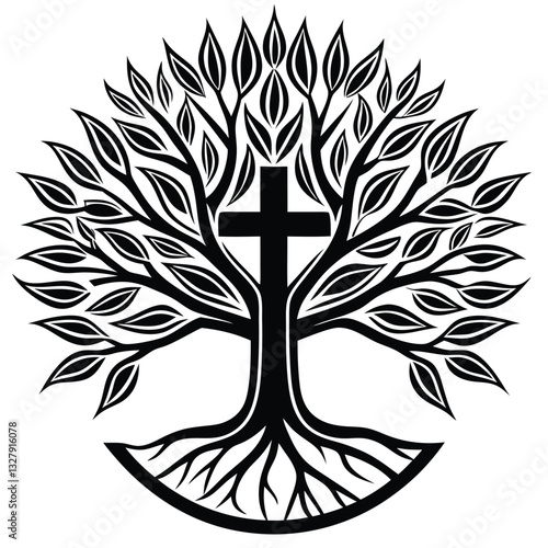 Christian Church Logo with Tree, Roots, and Leaves Forming Bold Cross – Clean Lines and Muted Colors