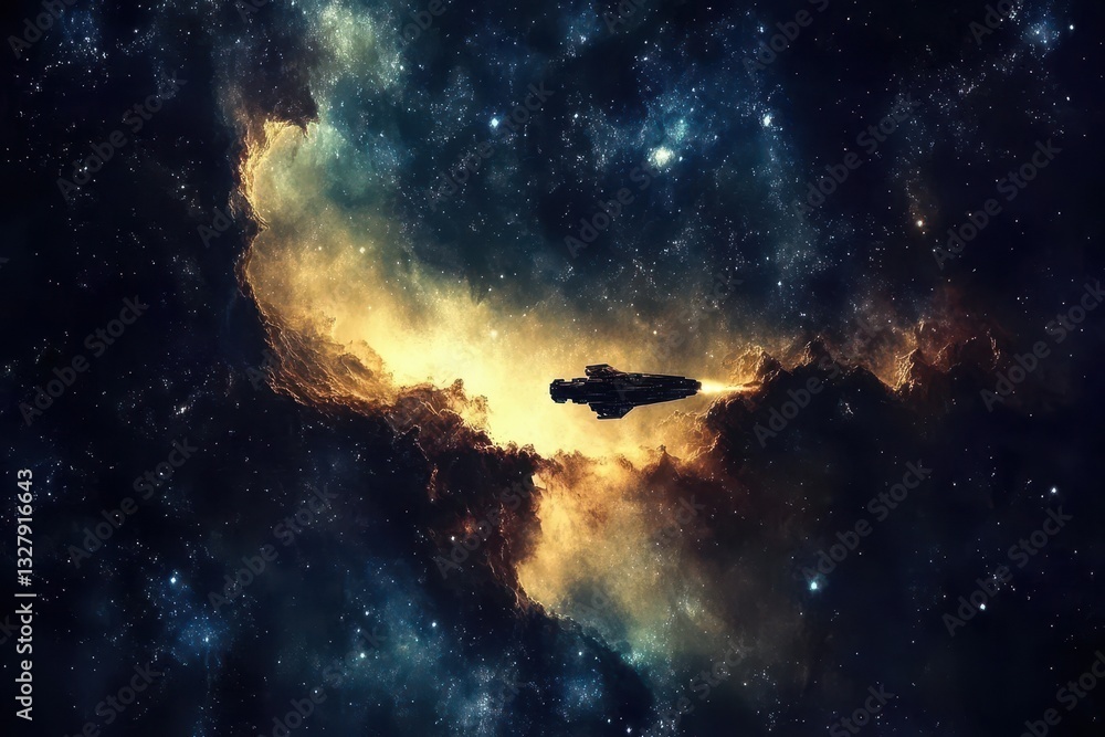 A spaceship flying through celestial clouds in outer space A spaceship flying through celestial clouds in outer space