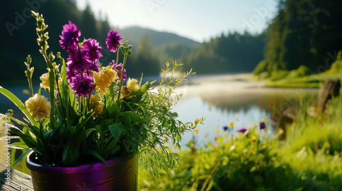 vibrant flower pot by serene lake, surrounded by lush greenery and morning light